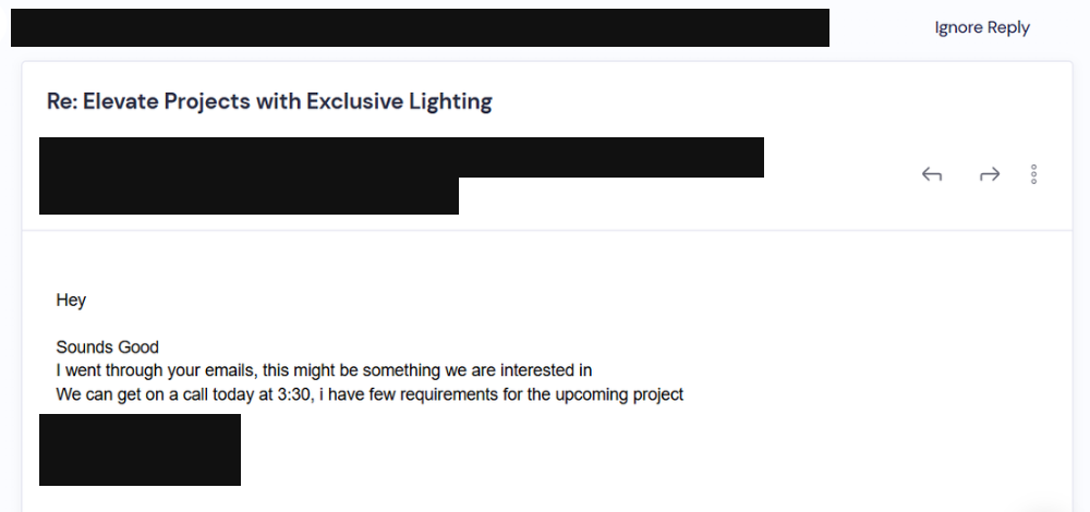 Redacted email reply from a prospect agreeing to a call the same day